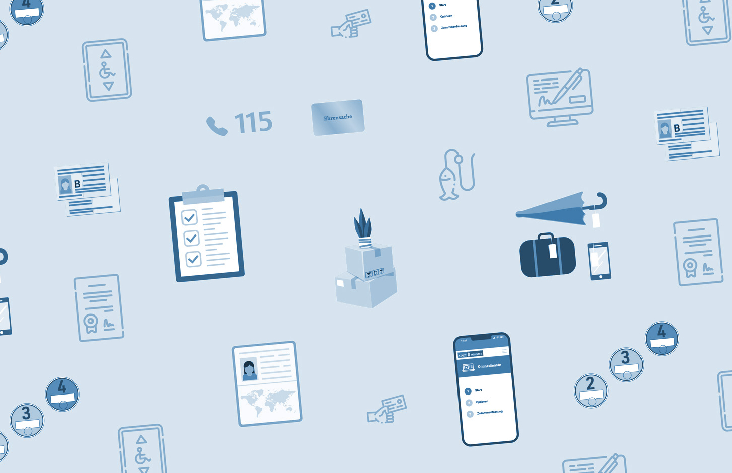 Aneinanderreihung von Symbolen, die verschiedene Dienstleistung der Bürgerbüros symbolisieren
