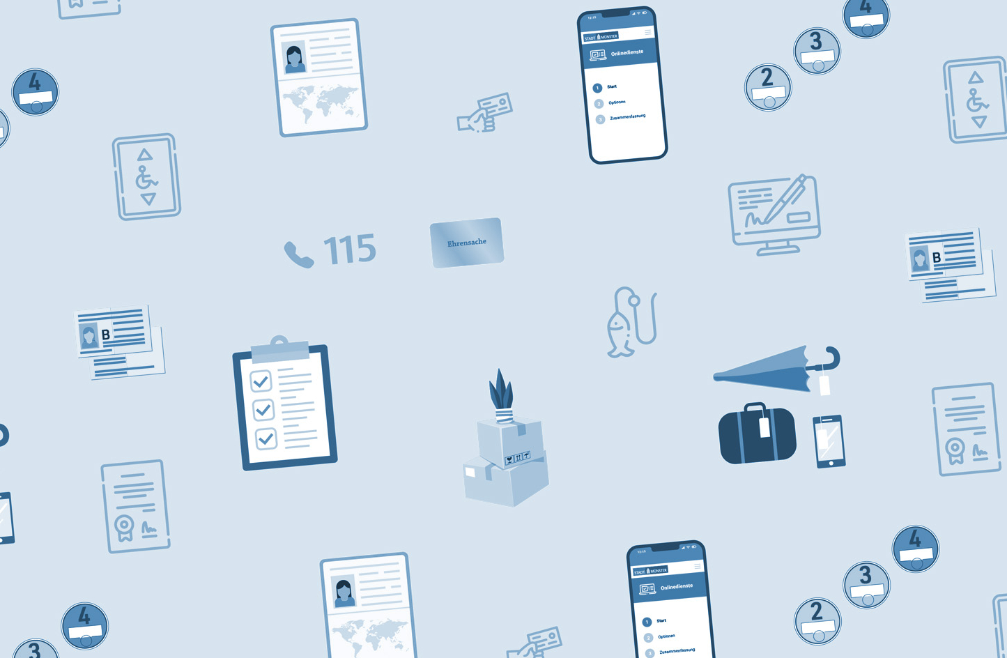 Aneinanderreihung von Symbolen, die verschiedene Dienstleistung der Bürgerbüros symbolisieren
