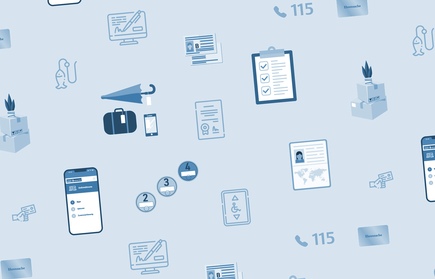 Aneinanderreihung von Symbolen, die verschiedene Dienstleistung der Bürgerbüros symbolisieren