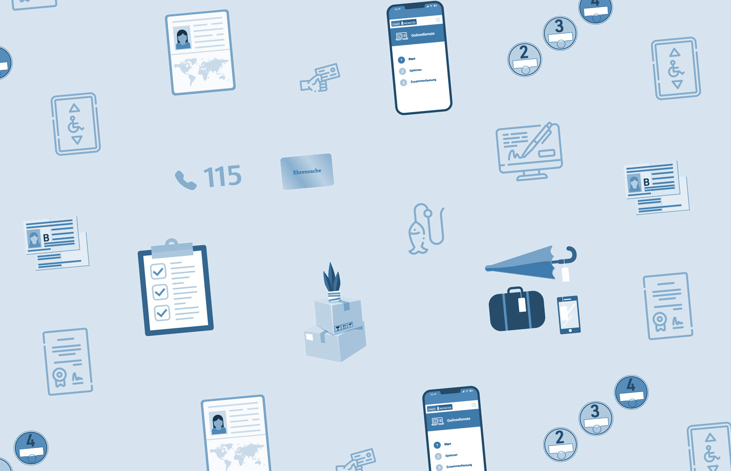 Aneinanderreihung von Symbolen, die verschiedene Dienstleistung der Bürgerbüros symbolisieren