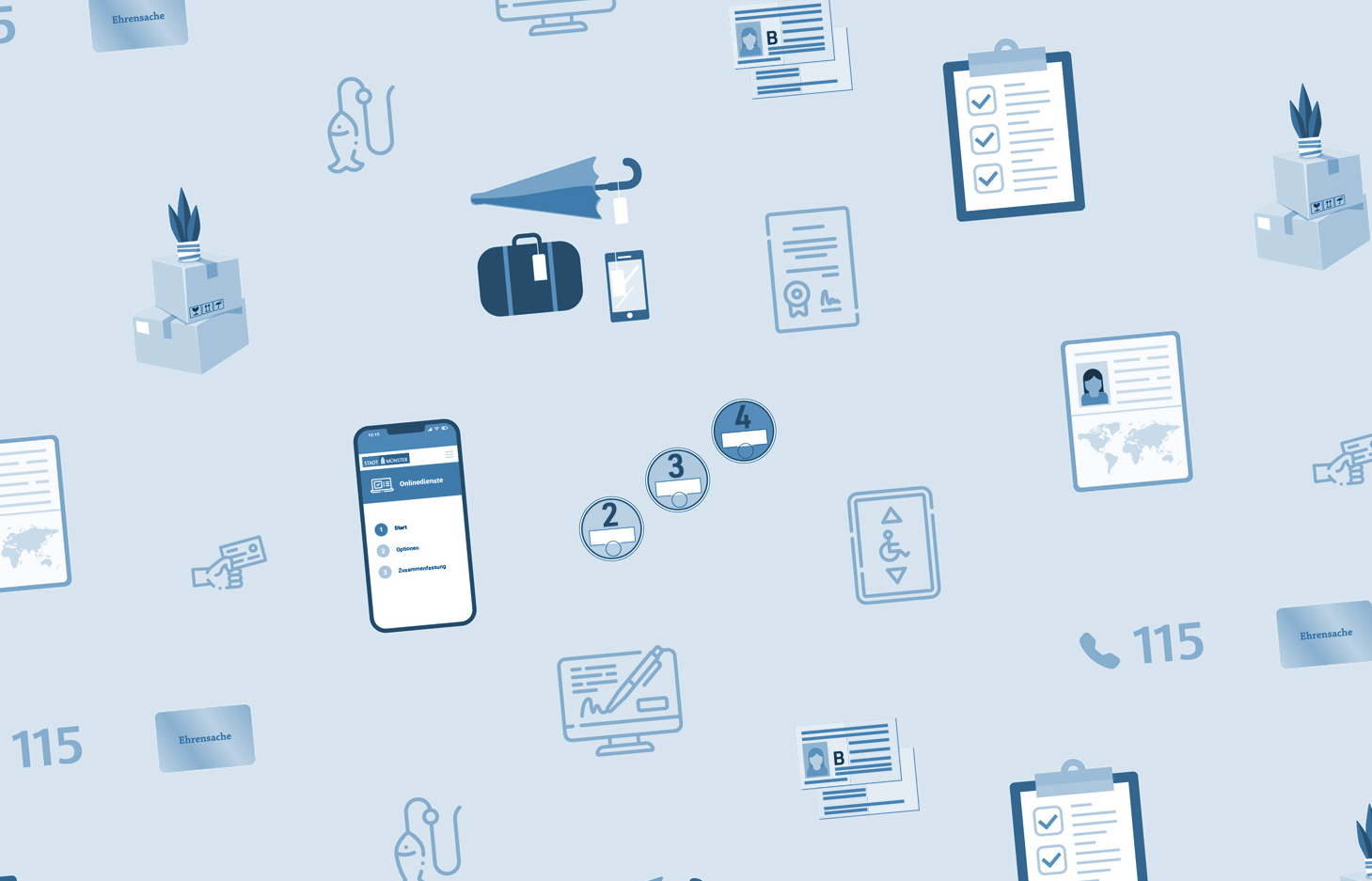 Aneinanderreihung von Symbolen, die verschiedene Dienstleistung der Bürgerbüros symbolisieren