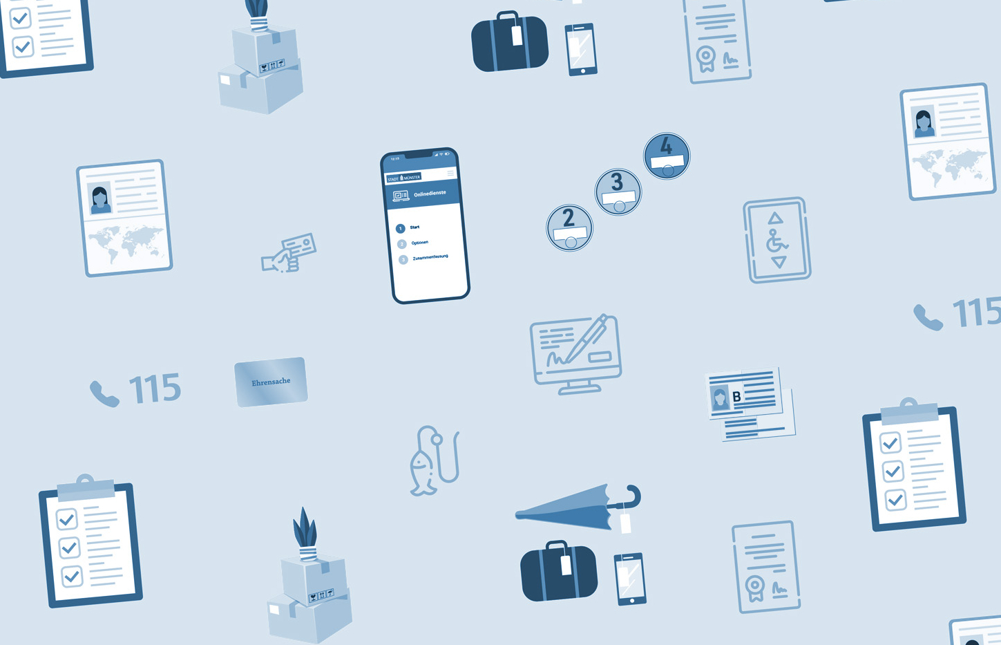 Aneinanderreihung von Symbolen, die verschiedene Dienstleistung der Bürgerbüros symbolisieren