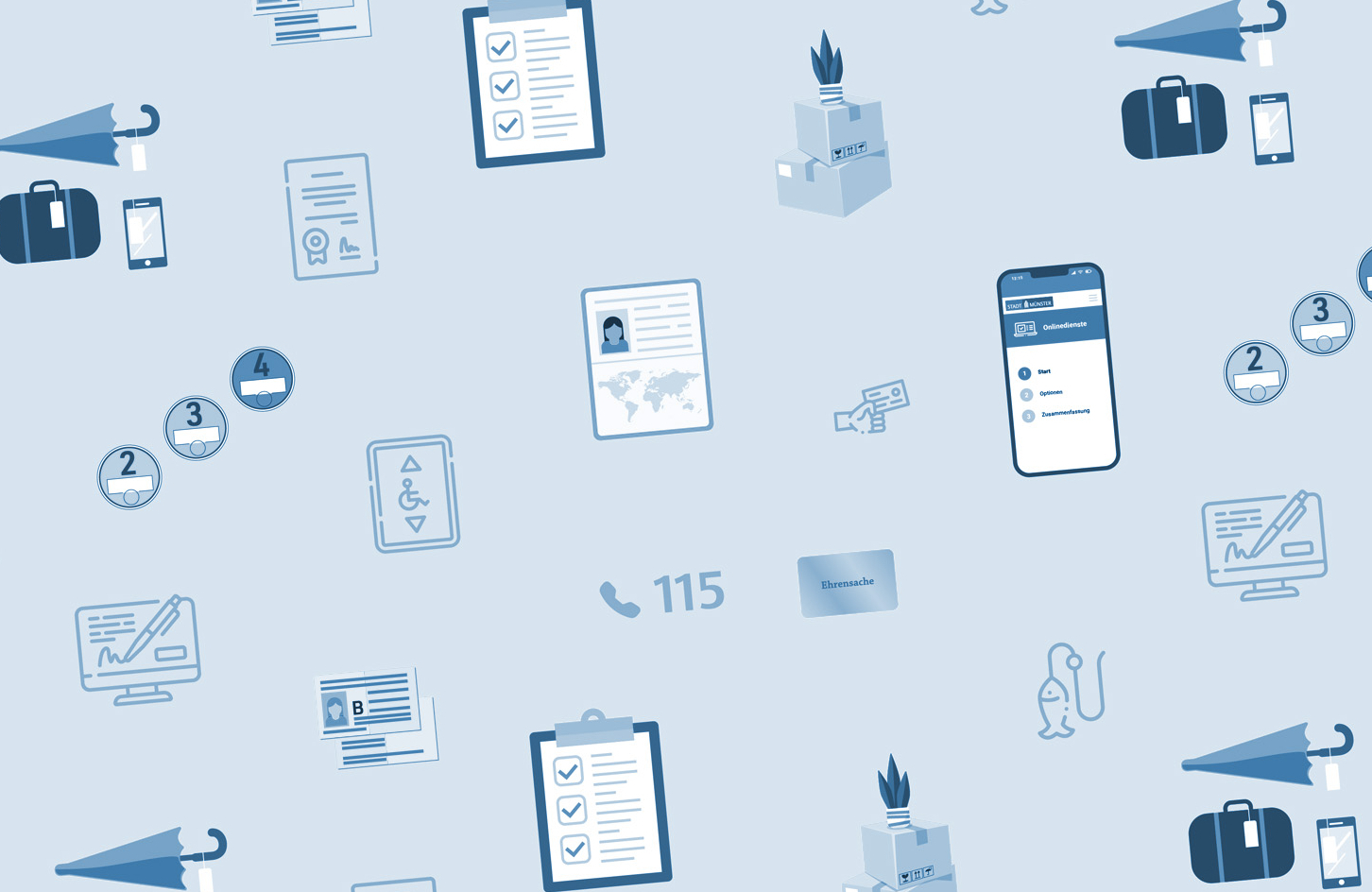 Aneinanderreihung von Symbolen, die verschiedene Dienstleistung der Bürgerbüros symbolisieren