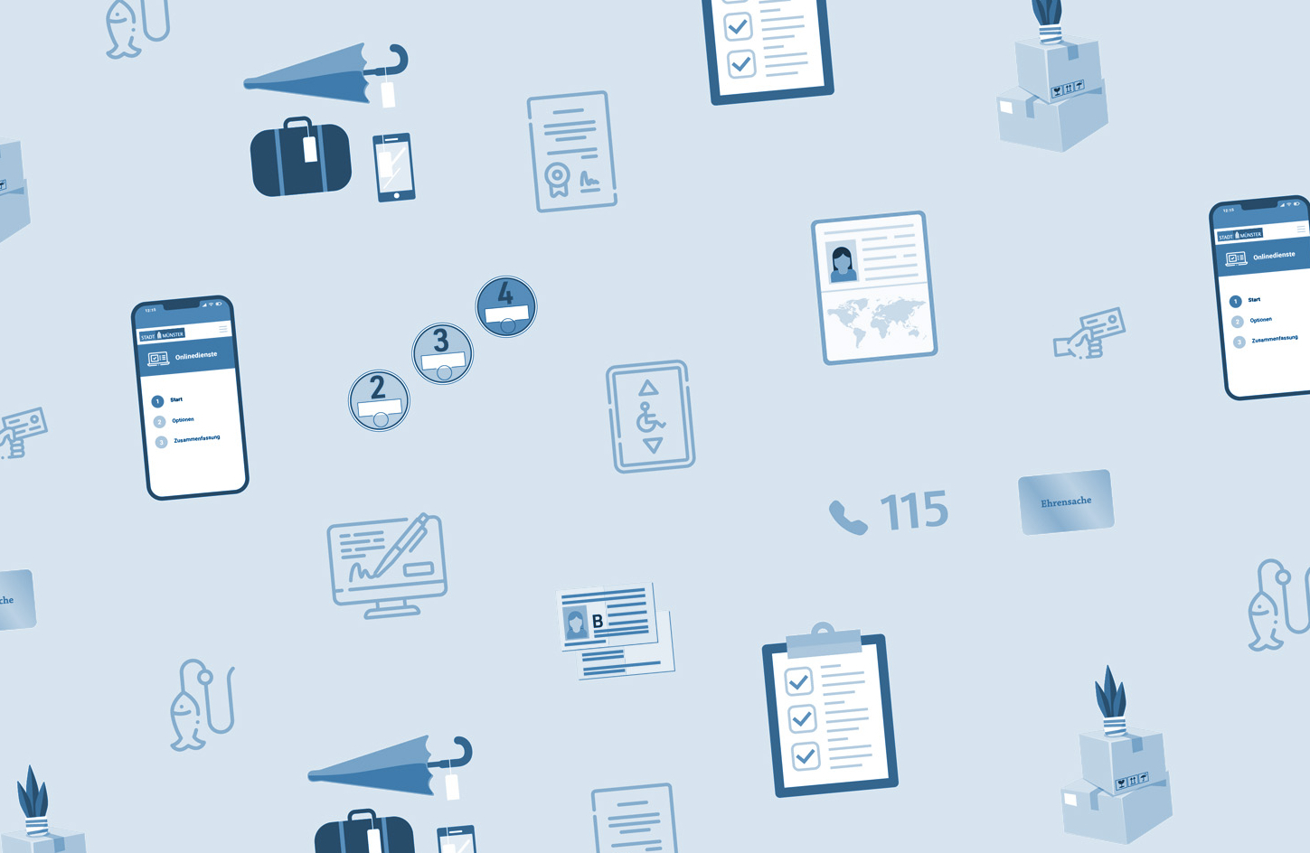 Aneinanderreihung von Symbolen, die verschiedene Dienstleistung der Bürgerbüros symbolisieren