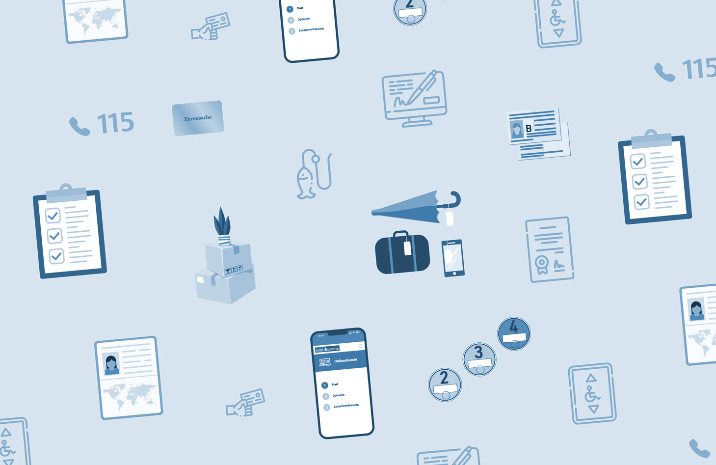 Aneinanderreihung von Symbolen, die verschiedene Dienstleistung der Bürgerbüros symbolisieren