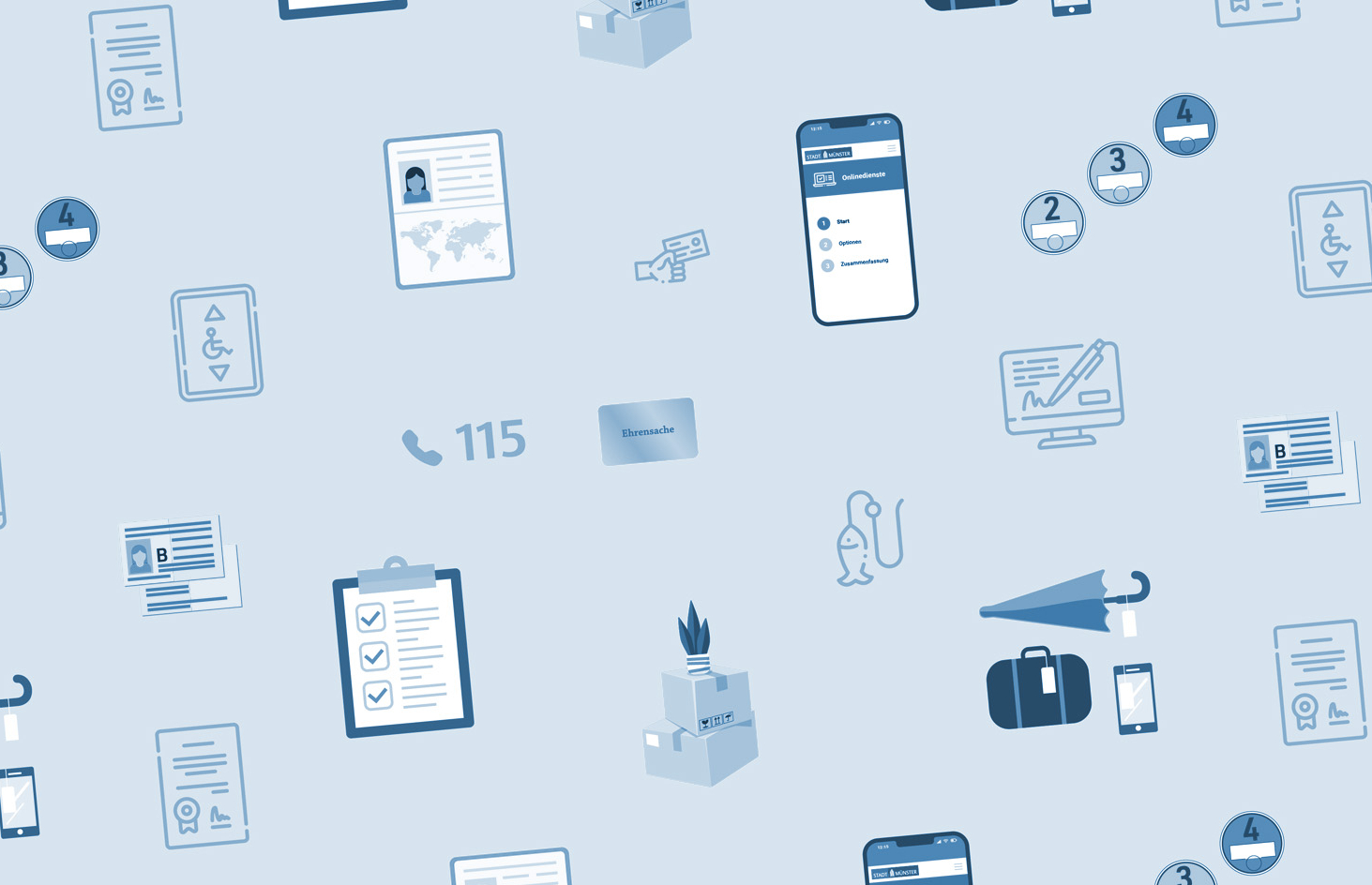 Aneinanderreihung von Symbolen, die verschiedene Dienstleistung der Bürgerbüros symbolisieren