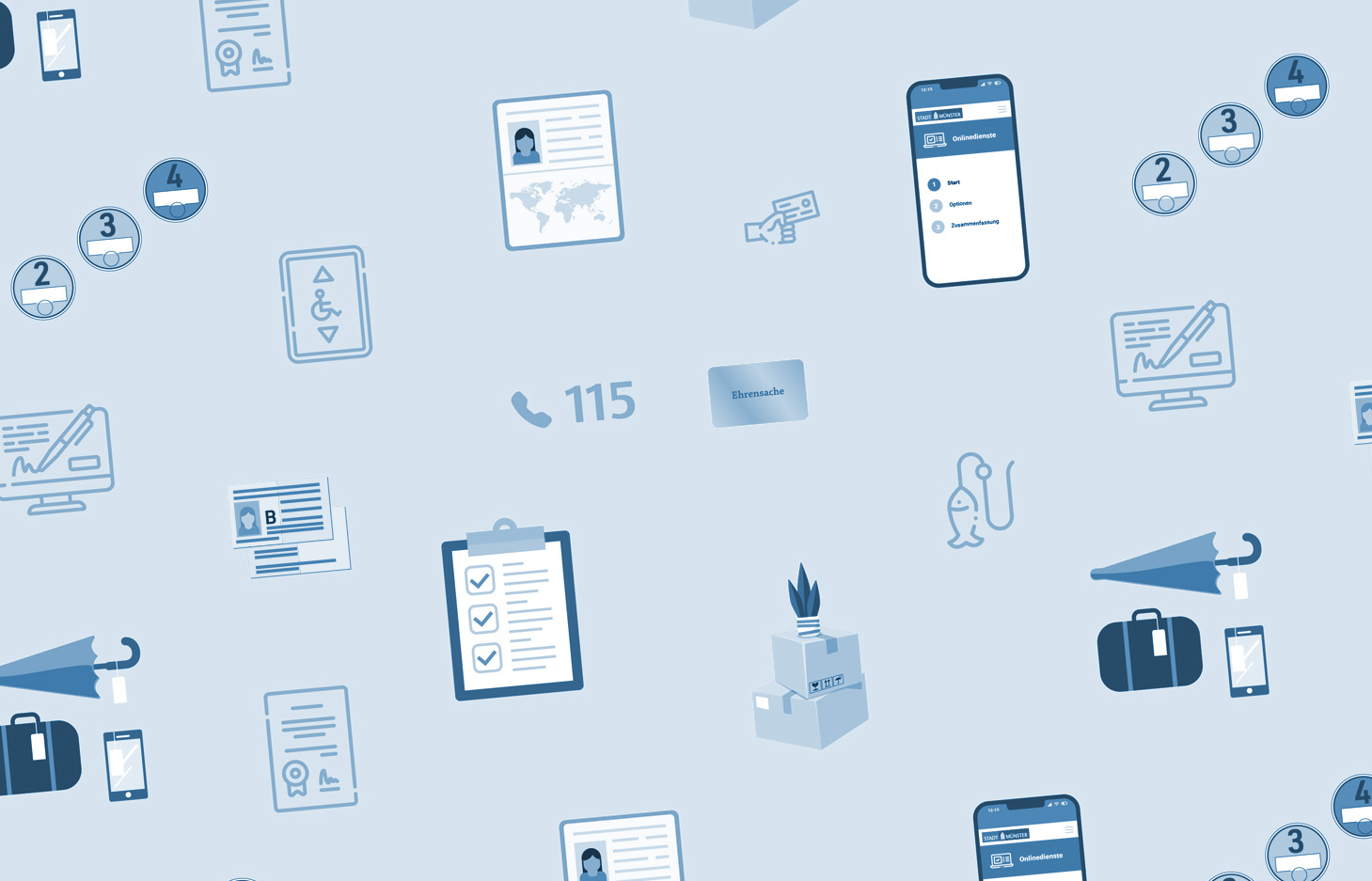 Aneinanderreihung von Symbolen, die verschiedene Dienstleistung der Bürgerbüros symbolisieren