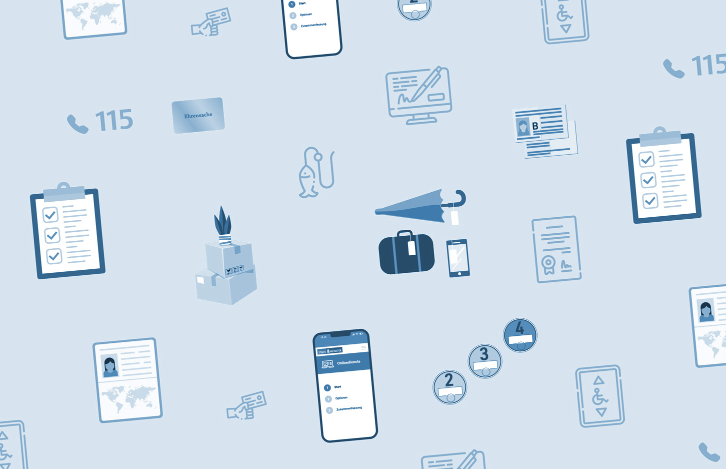 Aneinanderreihung von Symbolen, die verschiedene Dienstleistung der Bürgerbüros symbolisieren