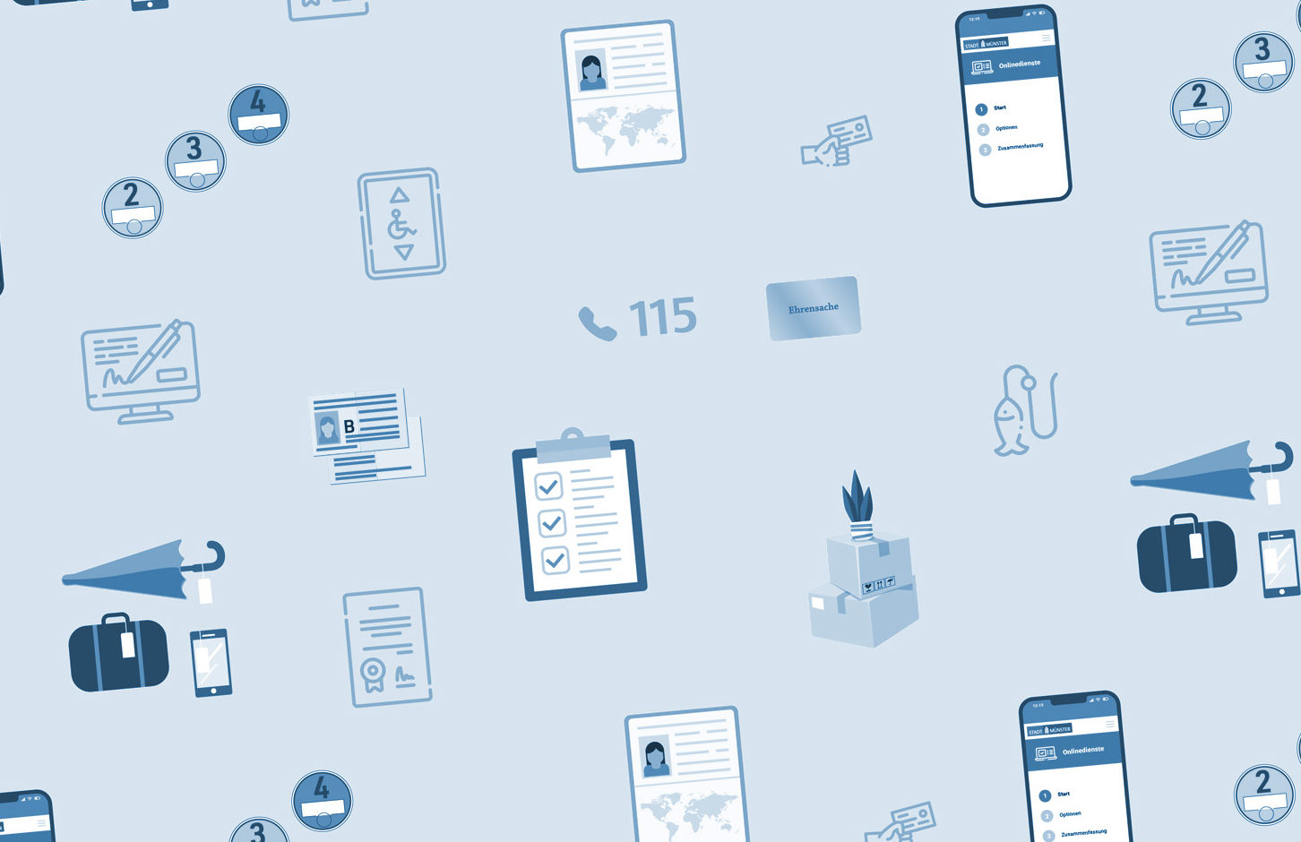 Aneinanderreihung von Symbolen, die verschiedene Dienstleistung der Bürgerbüros symbolisieren