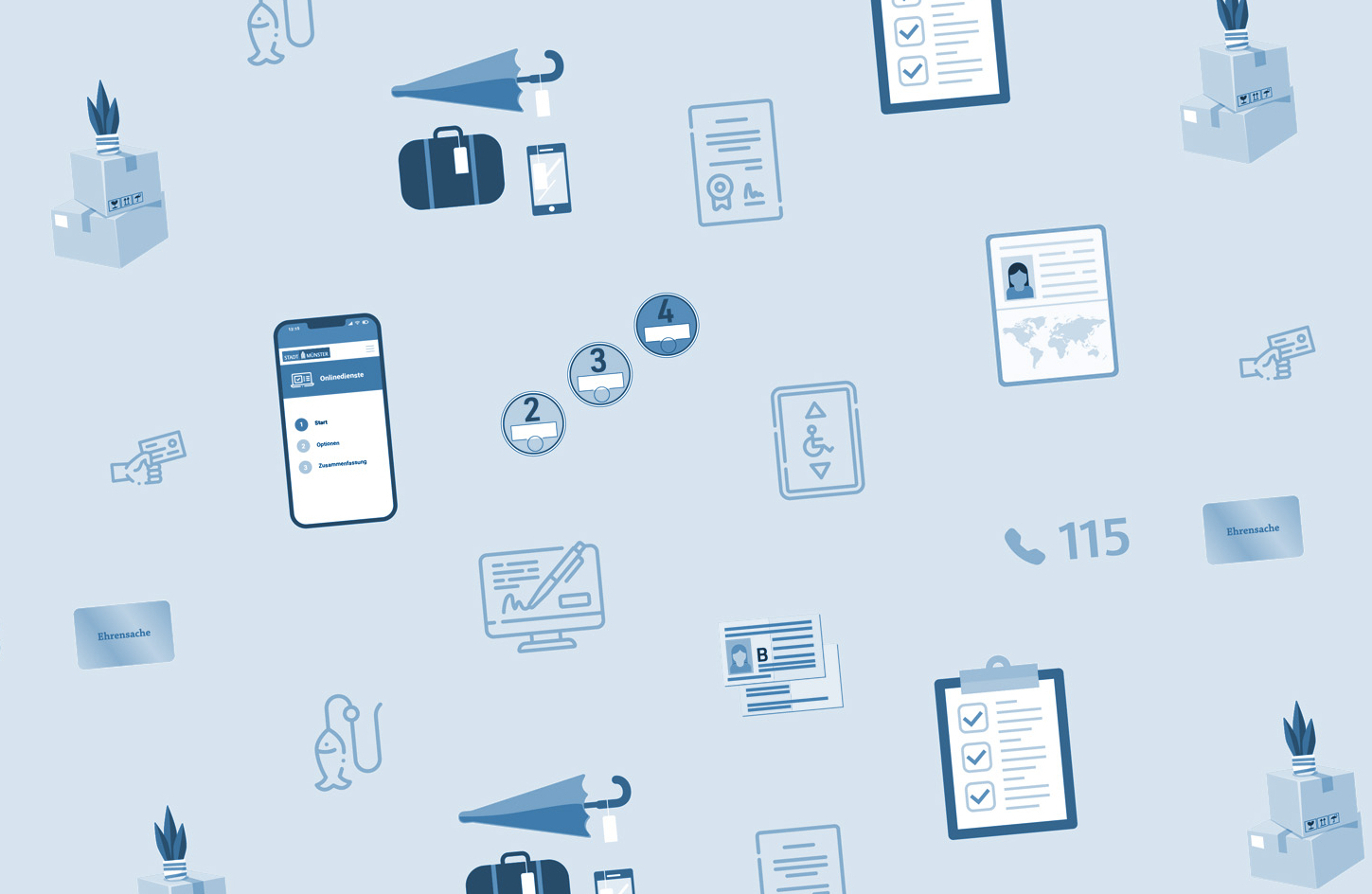 Aneinanderreihung von Symbolen, die verschiedene Dienstleistung der Bürgerbüros symbolisieren