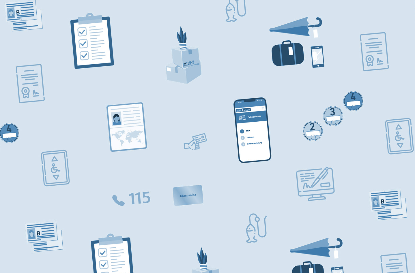 Aneinanderreihung von Symbolen, die verschiedene Dienstleistung der Bürgerbüros symbolisieren