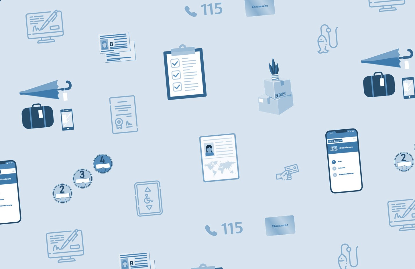 Aneinanderreihung von Symbolen, die verschiedene Dienstleistung der Bürgerbüros symbolisieren
