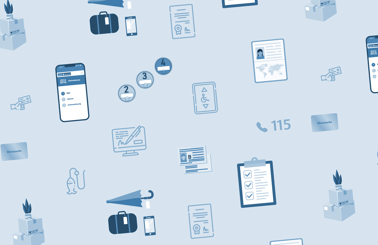 Aneinanderreihung von Symbolen, die verschiedene Dienstleistung der Bürgerbüros symbolisieren