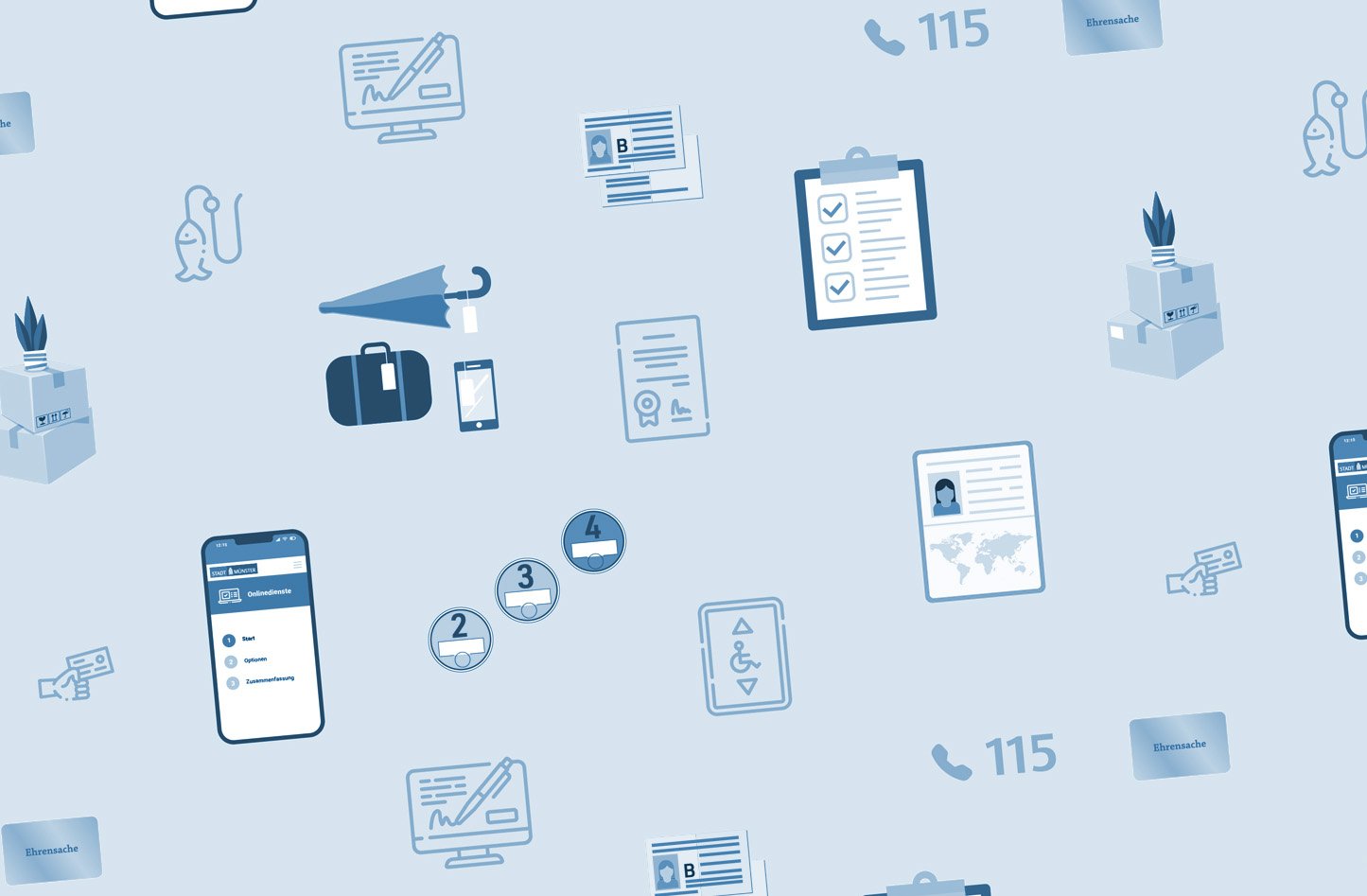 Aneinanderreihung von Symbolen, die verschiedene Dienstleistung der Bürgerbüros symbolisieren
