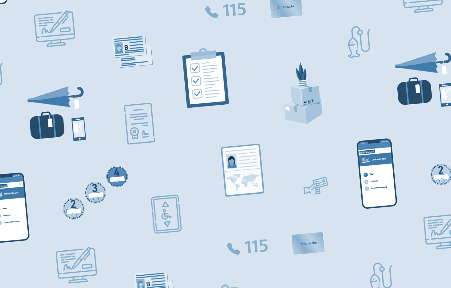 Aneinanderreihung von Symbolen, die verschiedene Dienstleistung der Bürgerbüros symbolisieren