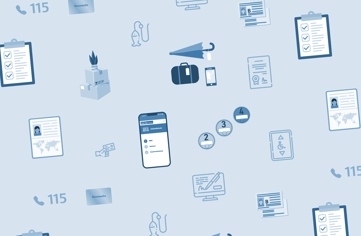 Aneinanderreihung von Symbolen, die verschiedene Dienstleistung der Bürgerbüros symbolisieren