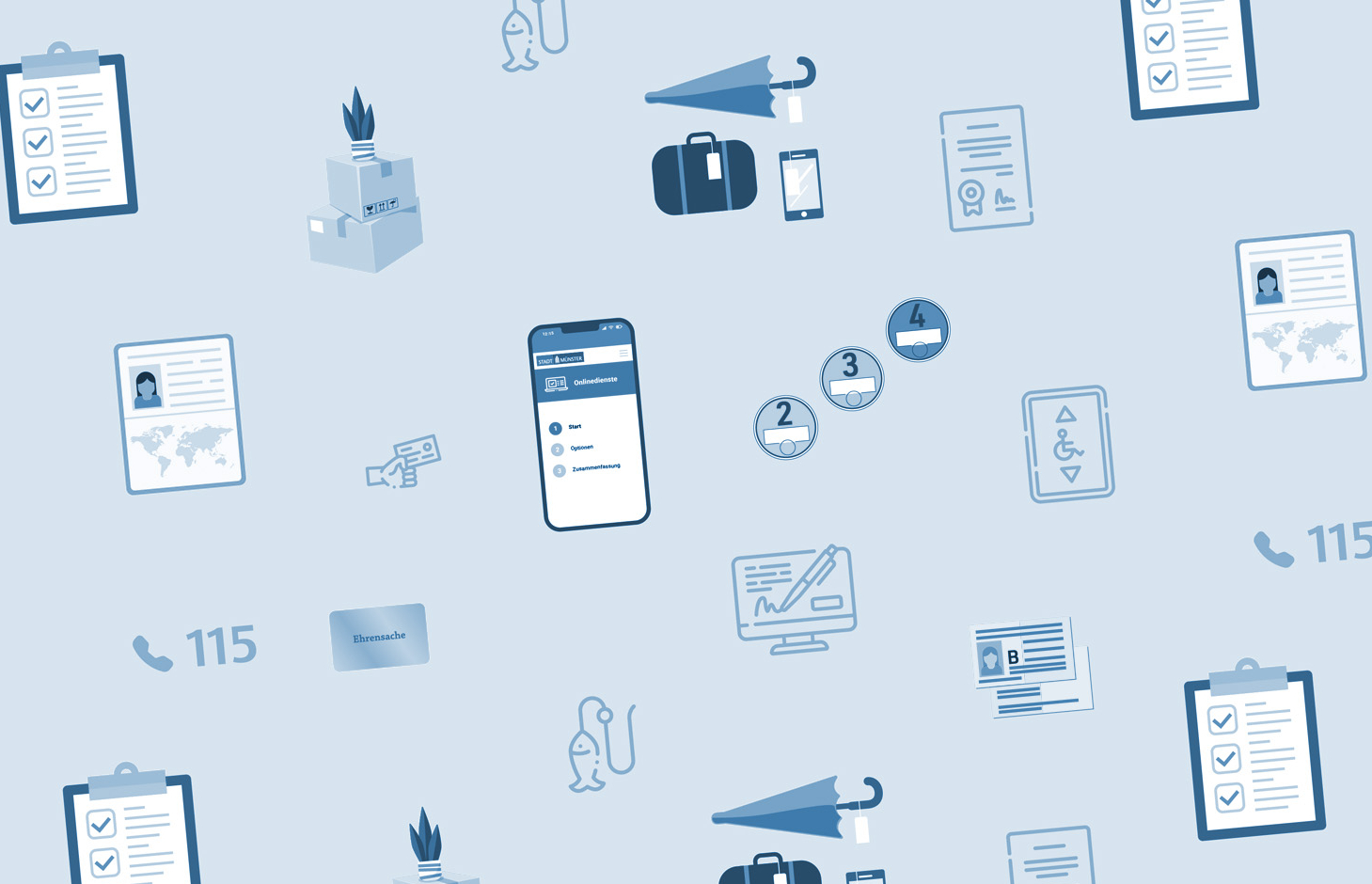 Aneinanderreihung von Symbolen, die verschiedene Dienstleistung der Bürgerbüros symbolisieren