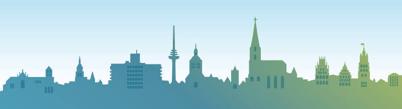 Schematische Innlustration der Skyline der Stadt Münster in blau-grün-Tönen