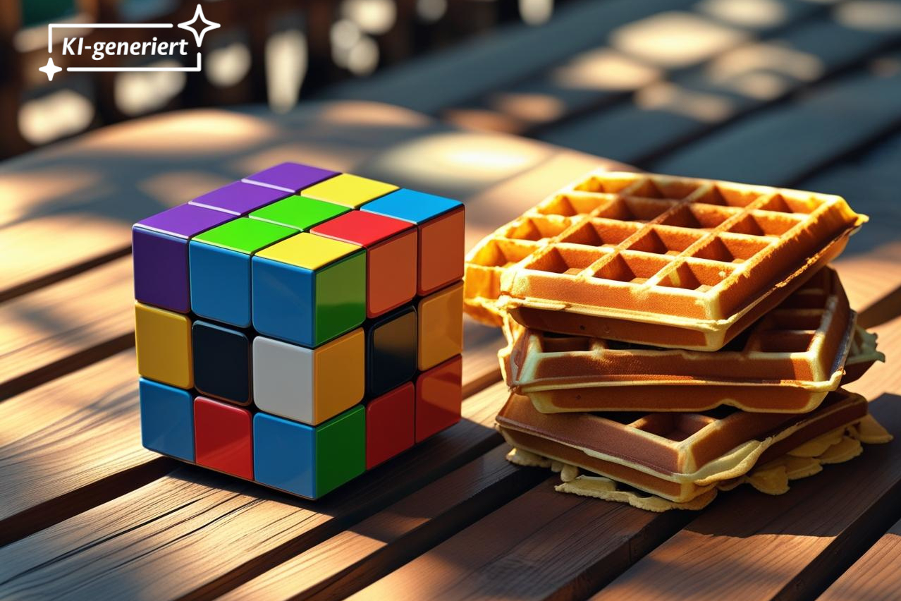 Auf einem Tisch liegen ein Zauberwürfel und Waffeln.