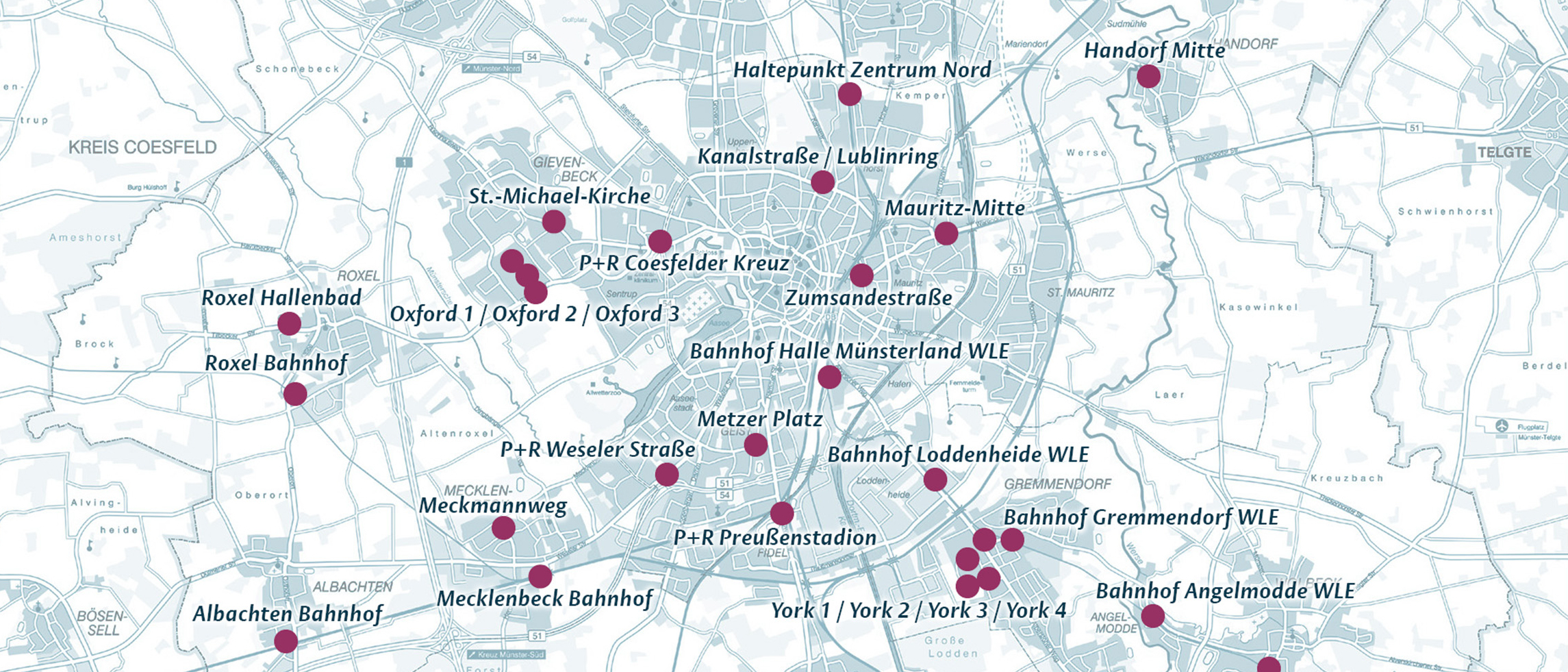 Stadtplan von Münster mit eingezeichneten Mobilstationen