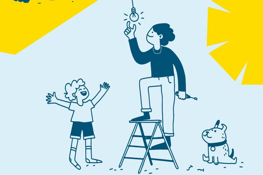 Illustration: Zwei Menschen, ein Hund, ein Leuchtmittel an der Decke und eine Photovoltaik-Anlage auf dem Dach