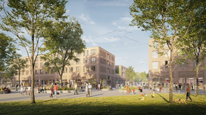 Abgebildet ist eine Rasenfläche, auf der Bäume stehen, im Hintergrund sind die neuen Wohn- und Geschäftsgebäude abgebildet, die Handel, Wohnen und Gewerbe vereinen. Zudem sind in dem Viertel viele Menschen abgebildet. . 