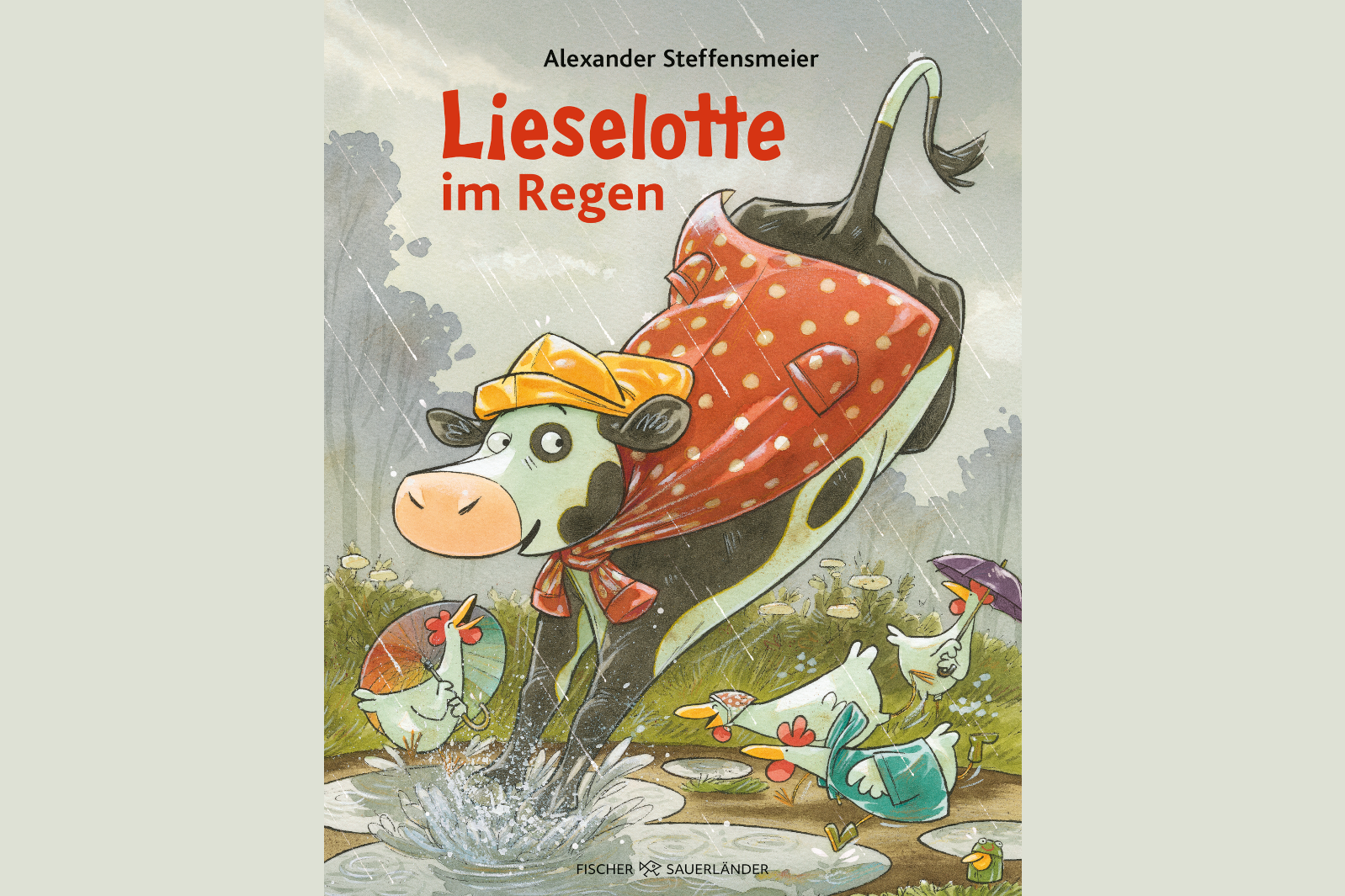Buchcover "Lieselotte im Regen". Die Kuh Lieselotte im Bademantel im Regen.