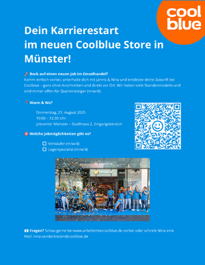 Einladung zum Bewerbertag für die Firma Coolblue im Jobcenter Münster. Es werden Termin, Veranstaltungsort und Jobmöglichkeiten genannt. Auf weitere Informationen wird mit einem QR-Code, Internet- und E-Mail-Adresse verwiesen. 