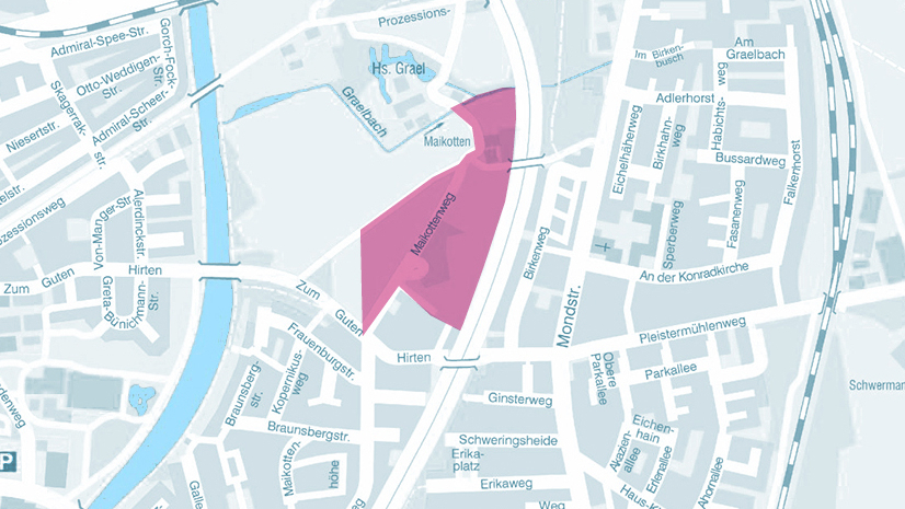 Genordete Karte des Stadtteils St. Mauritz. Die Fläche des geplanten Wohngebiets ist farblich hervorgehoben.