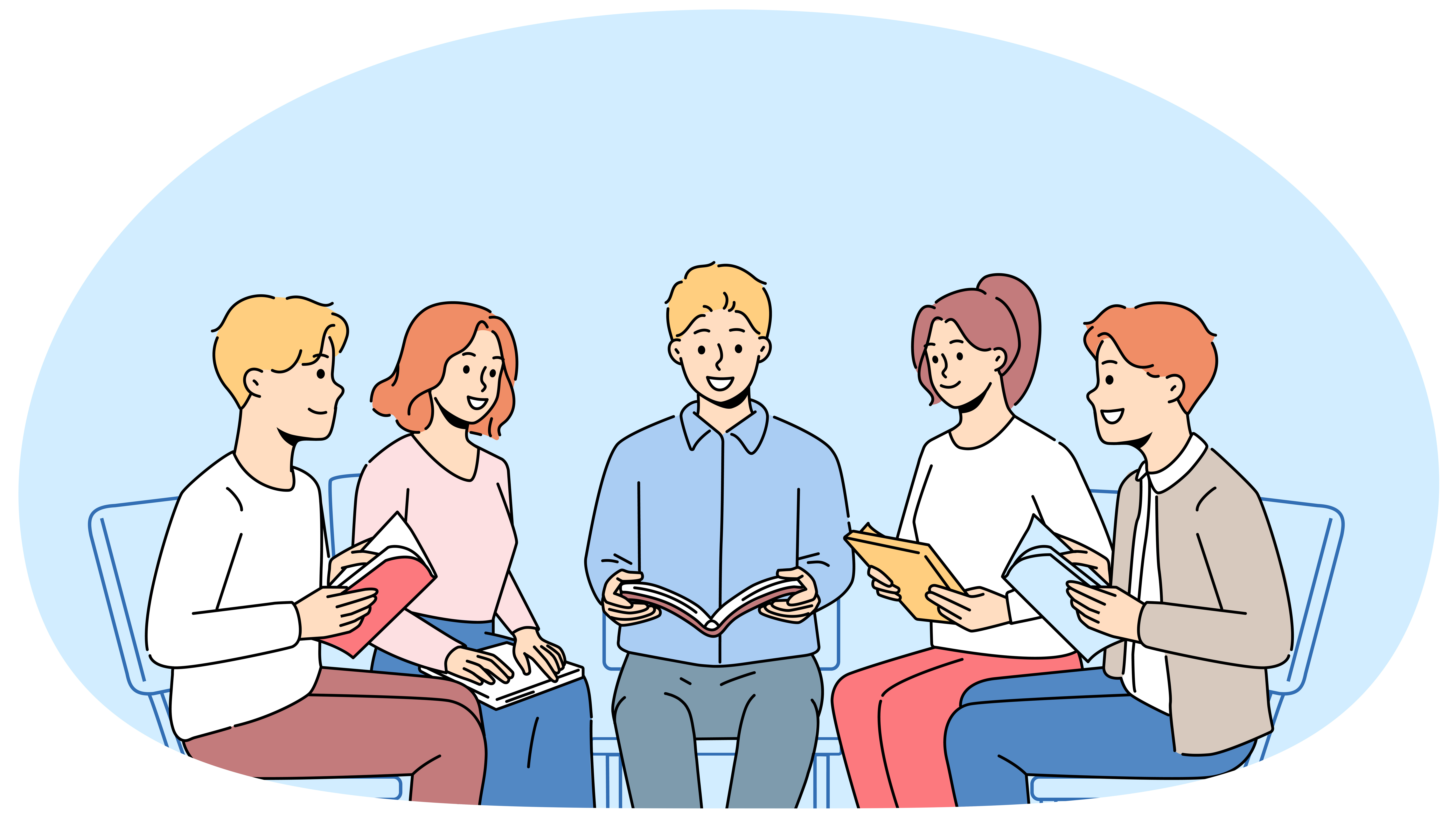 Glückliche Menschen, die im Kreis sitzen und gemeinsam ein Buch lesen. Vektorillustration.