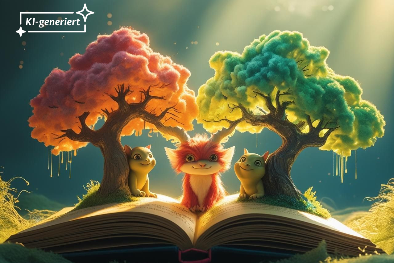 Fabelwesen steigen aus einem Buch heraus.