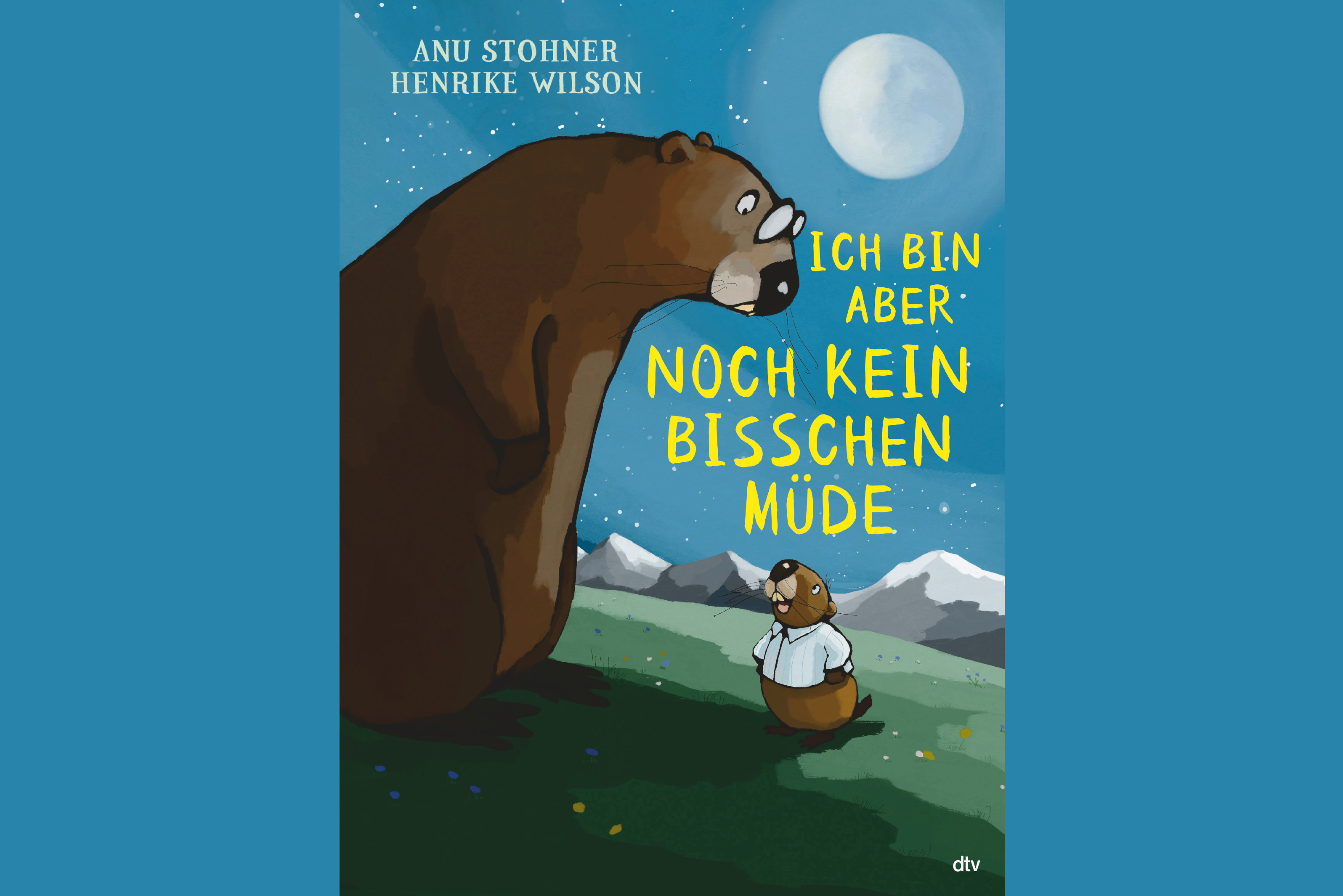 Buchcover "Ich bin aber noch kein bisschen müde". Ein großes und ein kleines Murmeltier sprehen miteinander.