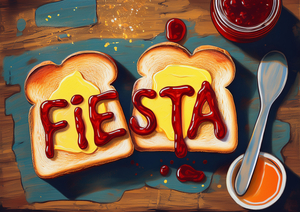 Ein Foto hergestellt mit Adobe Firefly: zwei Toasts mit Käse auf denen die Buchstaben ‚FIE‘ ‚STA‘ mit Marmelade geschrieben stehen..