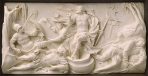 Ein Alabasterrelief zeigt die Auferstehung Christi aus der Grabplatte. Rechts und links liegen schlafende Soldaten.