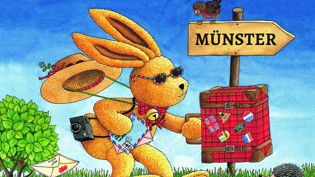 Ein illustrierter Hase mit kariertem Reisekoffer hüpft in Richtung Wegweiser "Münster".