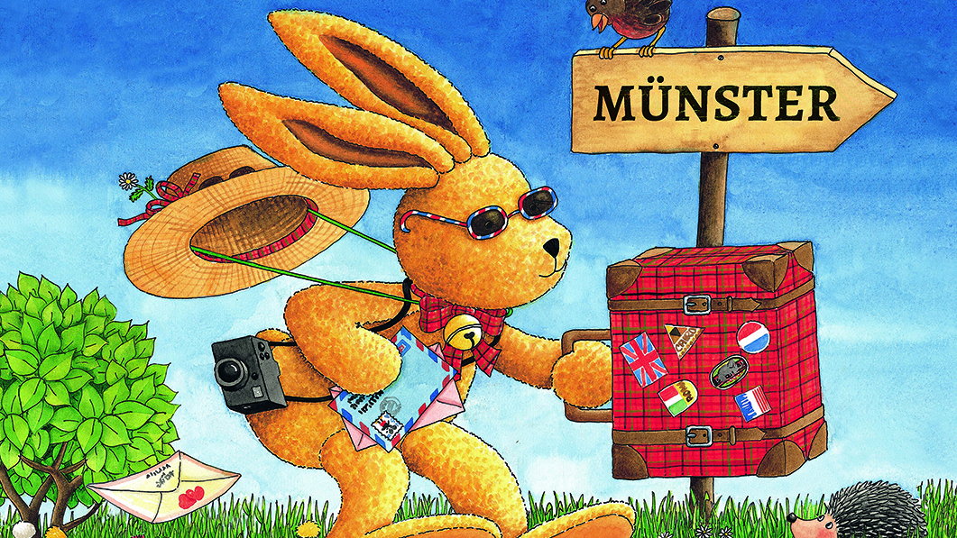 Ein illustrierter Hase mit kariertem Reisekoffer hüpft in Richtung Wegweiser "Münster".