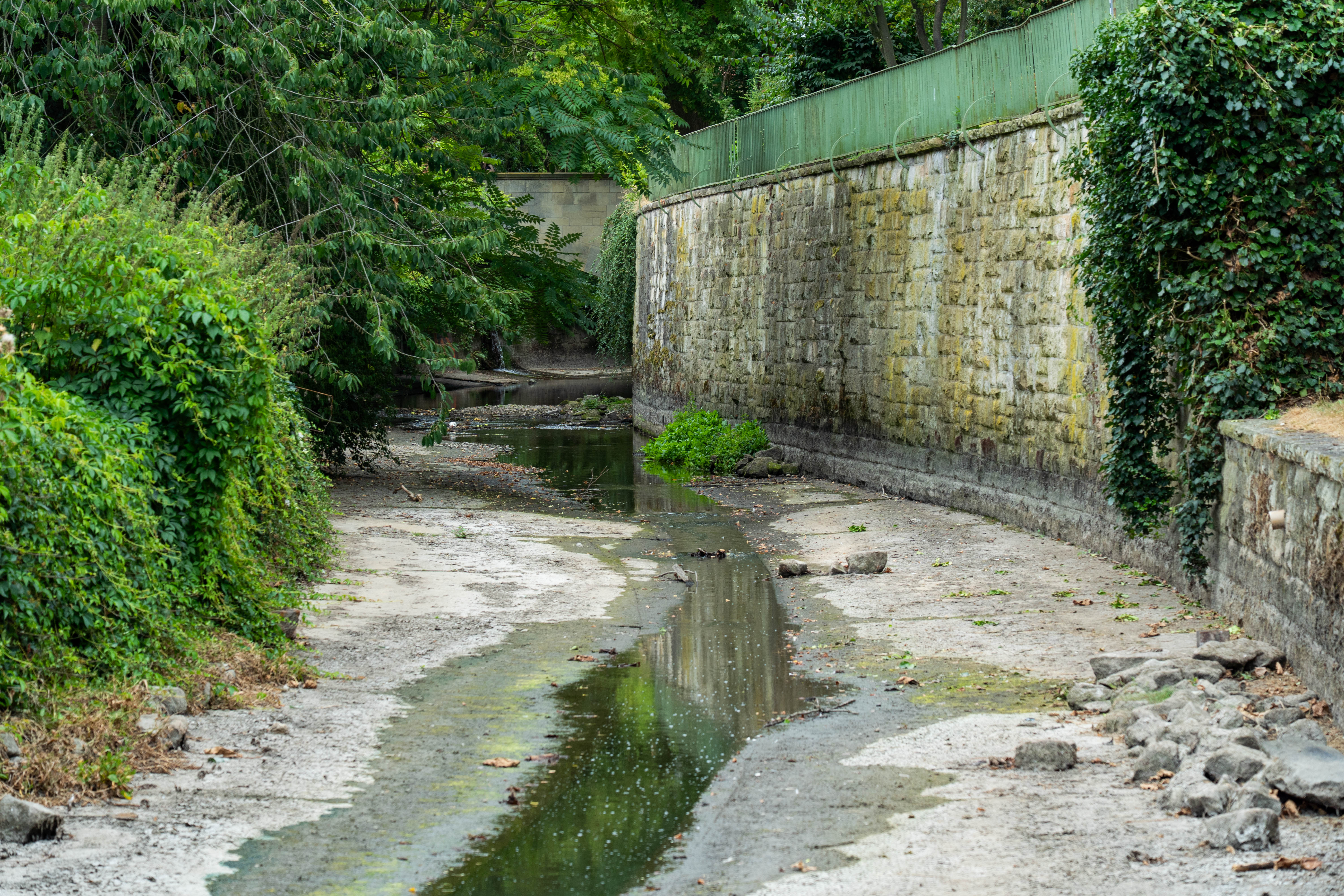 Die Aa in der Innenstadt führt nur noch wenig Wasser. Im Hintergrund ist eine alte Mauer zu sehen.