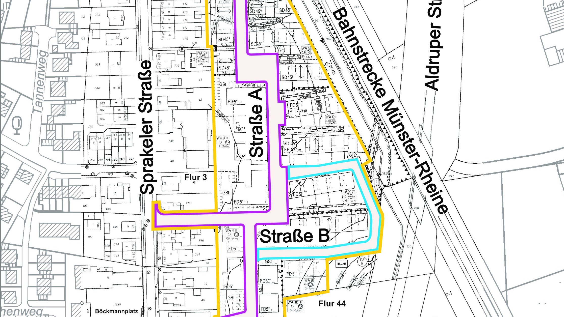 in schwarz-weiß gehaltene Karte mit farbig markierten Straßen