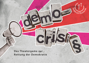 Aus einem Megafon springen die Buchstaben, die das Wort 'DemoCrisis' bilden.