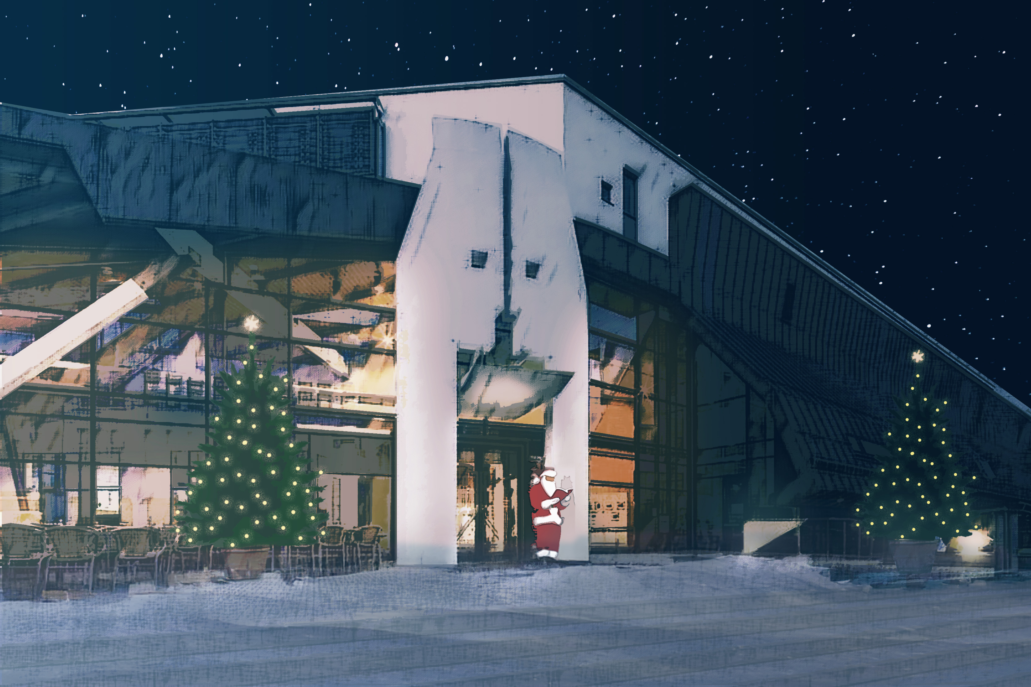 Die Stadtbücherei mit weihnachtlichem Schmuck