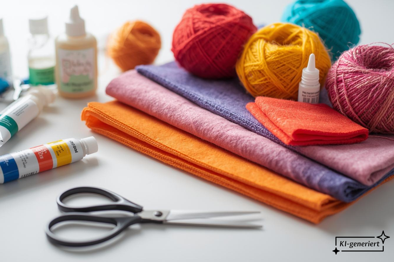 Wolle, Filzstoff, Schere, Farben und Kleber