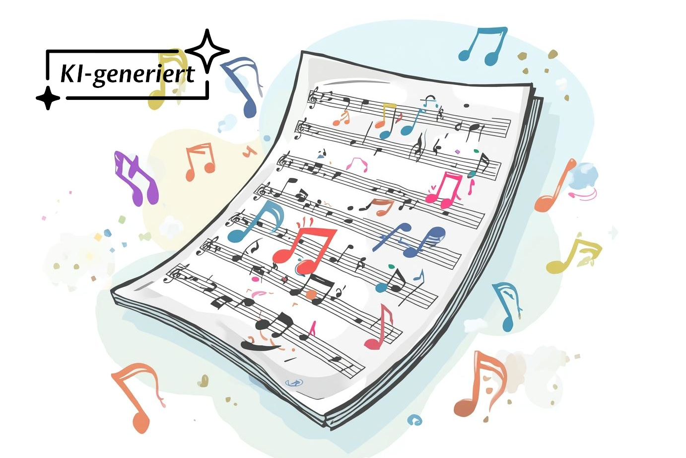 Notenblatt und umherfliegende Noten.