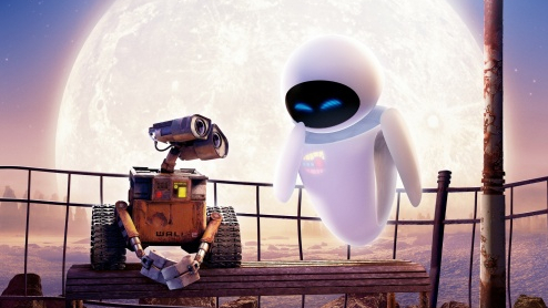 Filmplakat Animationsfilm mit kleinem Roboter vor dem leuchtenden Mond
