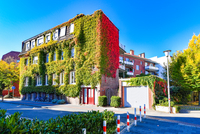 Die Fassade dieses vierstöckigen Gebäude aus rotem Backstein ist mit Weinranken begrünt.