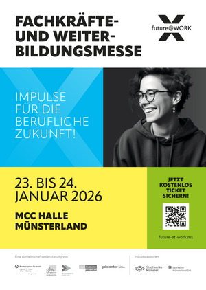 Sie suchen eine Ausbildung oder Arbeit, möchten sich beruflich umorientieren oder weiterbilden? Dann kommen Sie zur Fachkräfte- und Weiterbildungsmesse future@WORK. Hier präsentieren sich Unternehmen und Weiterbildungseinrichtungen aus der Region und stellen die Möglichkeiten beruflicher Weiterbildung vor. Darüber hinaus stehen in der Zukunftsarena spannende Vorträge und Erfahrungsberichte auf dem Programm.  Neu in diesem Jahr: Die future@WORK-Challenge. Hierbei haben Studierende am Freitagabend, 23. Januar, von 18 bis 21 Uhr die Gelegenheit, Unternehmen aus der Region in entspannter Atmosphäre kennenzulernen und auf Augenhöhe mit Arbeitgebenden zusammenkommen. Für die future@WORK-Challenge ist eine separate Anmeldung über die Webseite erforderlich: https://future-at-work.ms/futurework-challenge/.  Seien Sie dabei:  •	Freitag, 23. Januar 2026, von 13 bis 18 Uhr •	Samstag, 24. Januar 2026, von 10 bis 17 Uhr MCC Halle Münsterland, Albersloher Weg 32, 48155 Münster. Weitere Informationen und kostenlose Tickets: www.future-at-work.ms.  