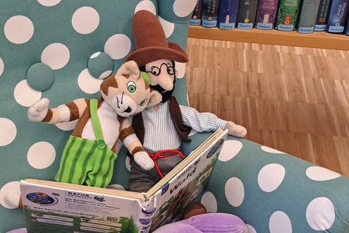 Petterson und Findus als Kuscheltiere lesen ein Buch