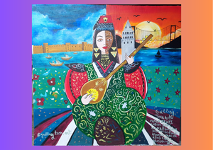 Ein Kunstwerk, das im Rahmen eines Jugenaustausches entstand. Abgebildet ist eine Frau, die ein afrikanisches Saiteninstrument in der Hand hält. 