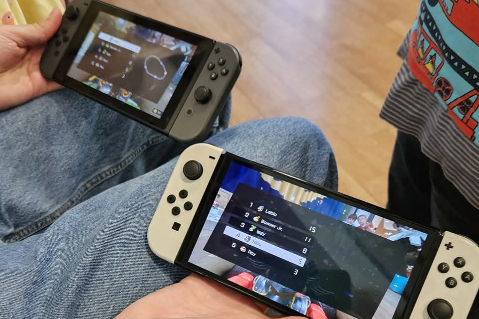 Auf dem Bild sind zwei alte Nintendo-Switch abgebildet.