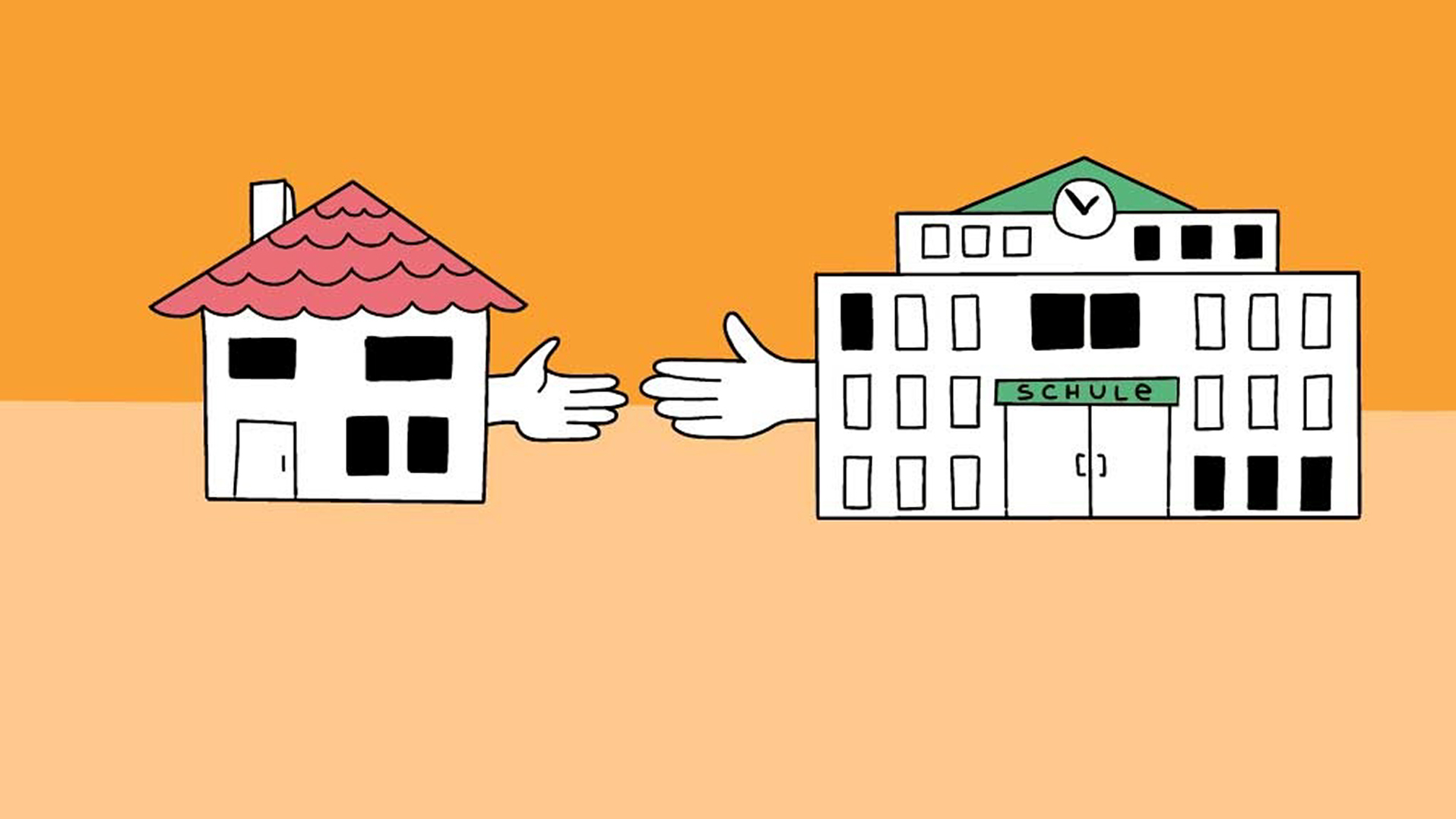 Zwei illustrierte Schulgebäude reichen sich die "Hand"