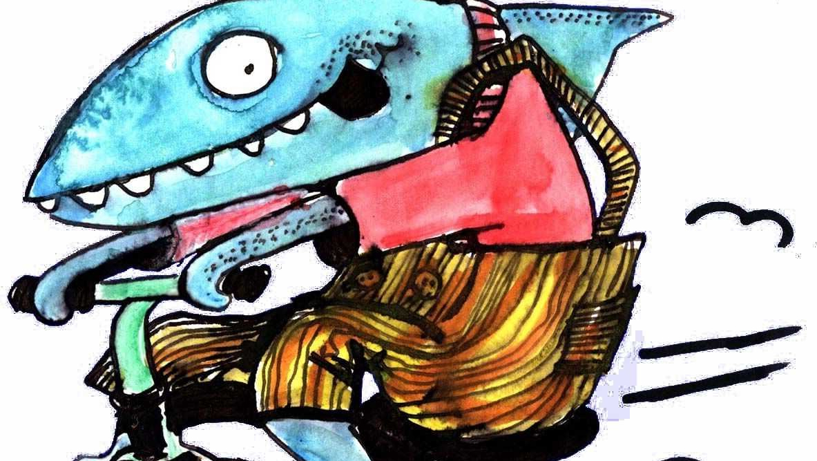 Ein Logo mit einem Hai, der Dreirad fährt